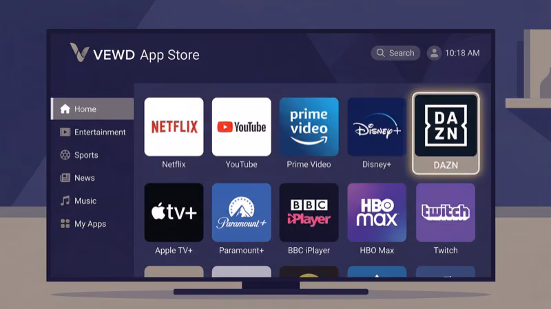 Hisense VIDAA TV interface showing VEWD app store with DAZN search results