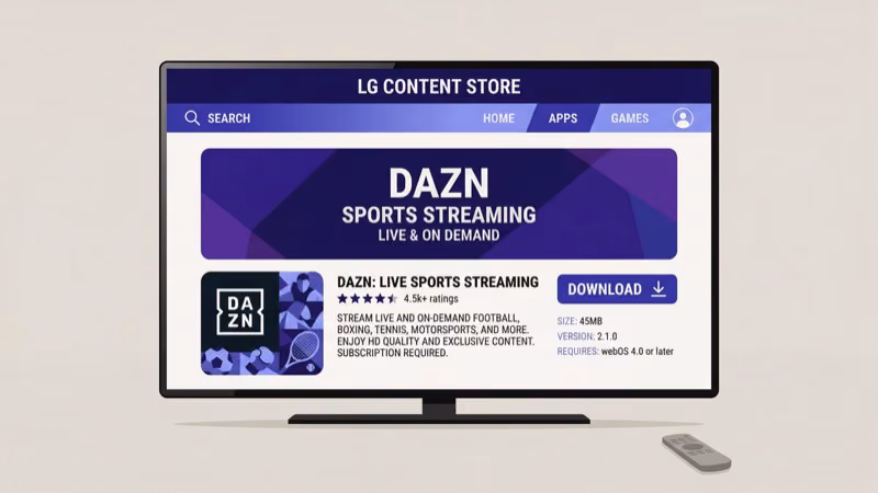 LG Content Store search results screen displaying DAZN app install button