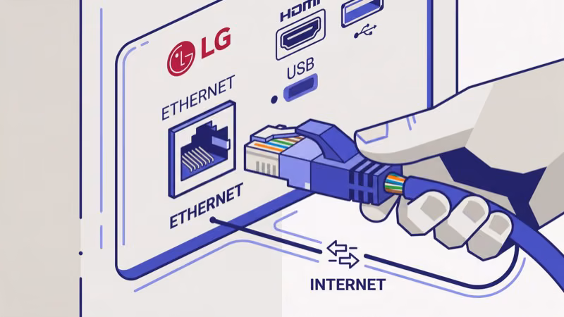 Ethernet cable plugged into LG smart TV port for stable wired internet connection