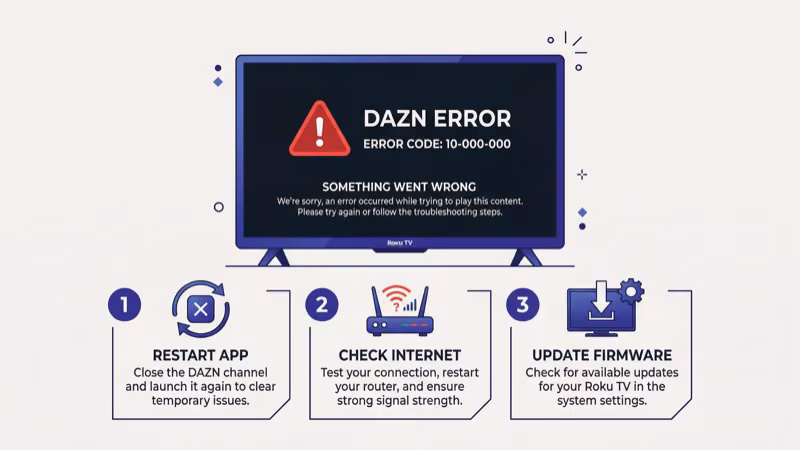 DAZN error code displayed on Roku TV screen with troubleshooting steps overlay