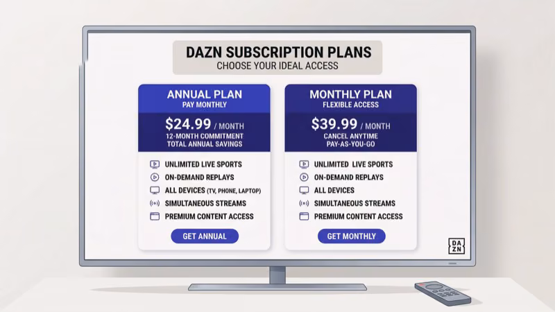 DAZN monthly and annual subscription plan pricing options displayed on screen
