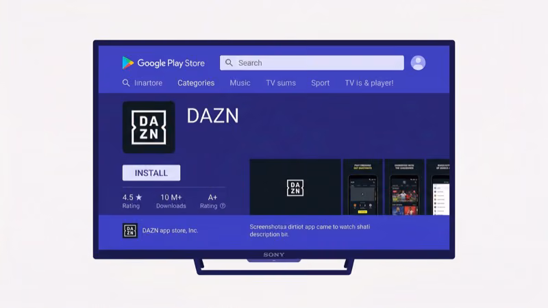 Sony Bravia Google Play Store showing DAZN app installation screen and install button
