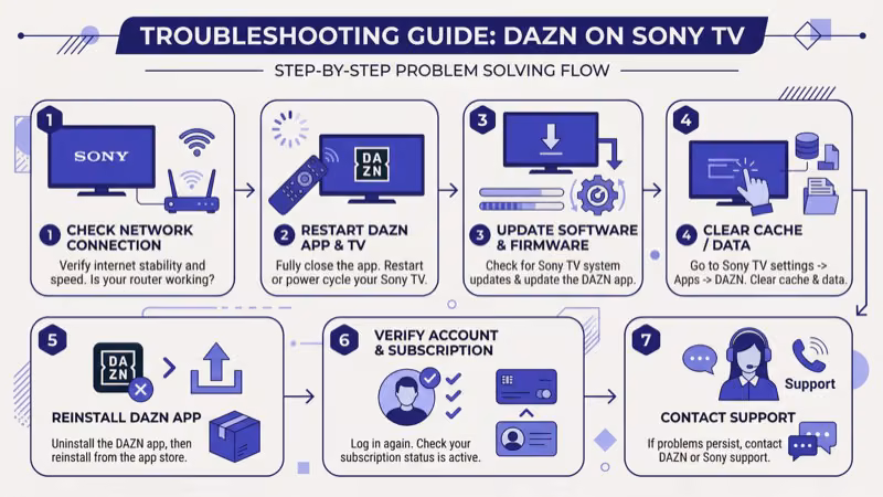 Sony TV settings menu showing DAZN app force stop and clear cache troubleshooting options