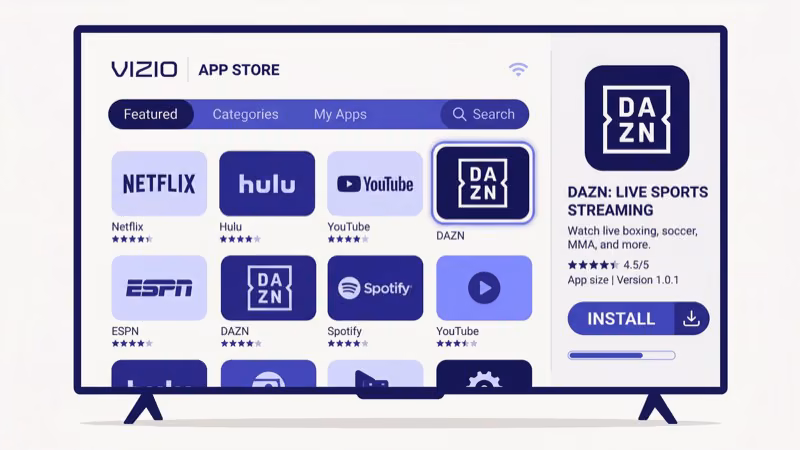 Vizio TV VIZIO OS app store screen showing DAZN app installation process