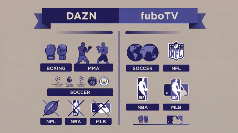 Side-by-side comparison of DAZN and fuboTV sports league coverage in Canada