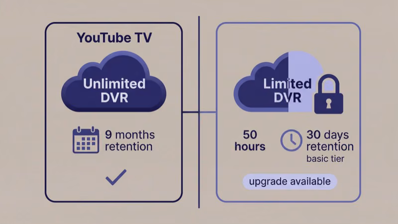 Cloud DVR storage and retention comparison for live TV services