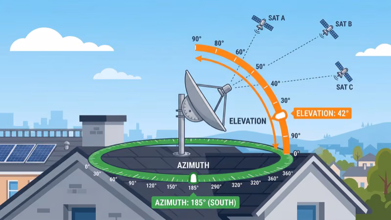 DirecTV satellite dish mounted on roof being professionally aligned for optimal signal