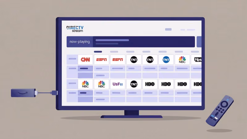 DirecTV Stream channel guide interface on Fire TV Stick screen