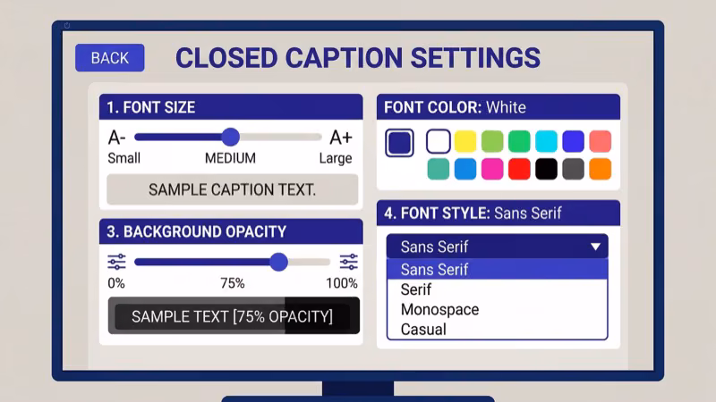 DirecTV caption customization settings showing font size color and background options