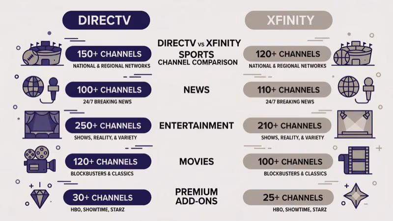 Side-by-side comparison of DIRECTV and Xfinity channel lineup and package tiers