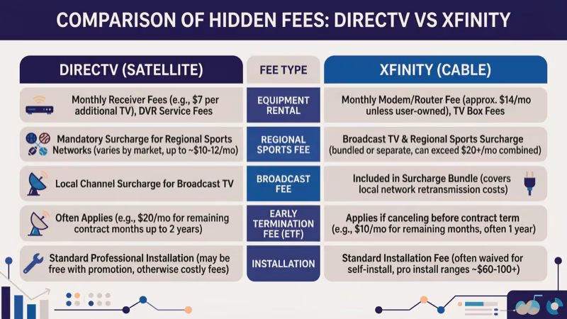 Monthly fee breakdown comparing DIRECTV and Xfinity hidden costs and surcharges