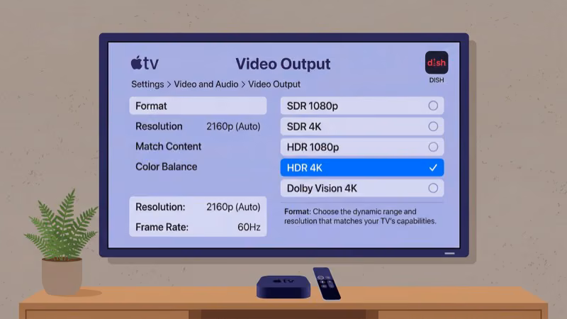 Apple TV video output settings showing 4K HDR resolution options