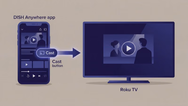 Dish Anywhere app casting live channels from a phone to Roku TV