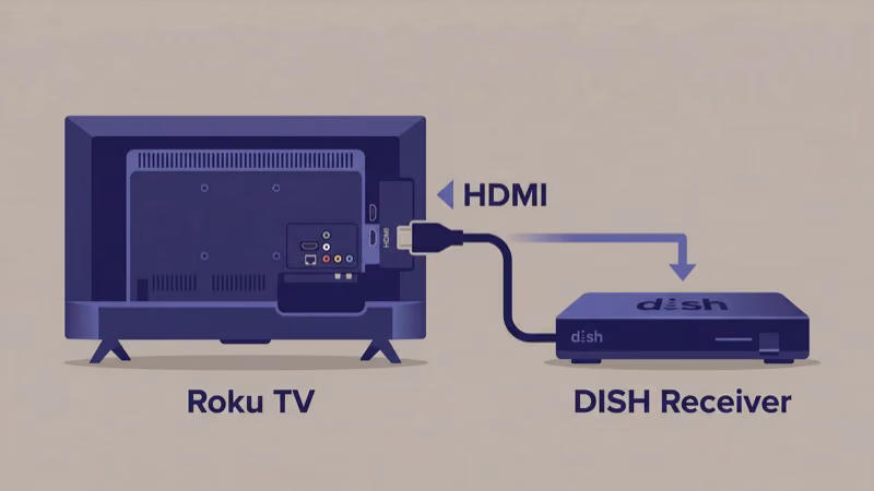 Dish Hopper3 receiver connected to Roku TV via HDMI cable for 4K output