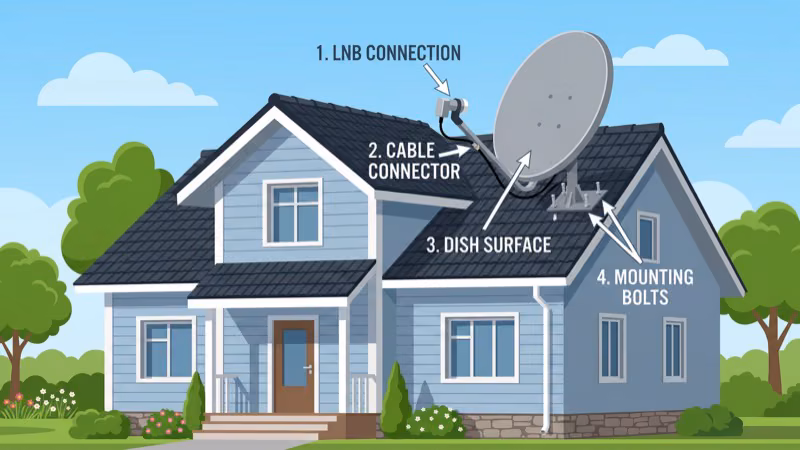 Satellite dish outdoor inspection checking cable connections and clear line of sight