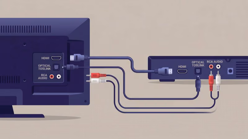 Dish receiver rear panel with HDMI and coaxial cable connections labeled and highlighted