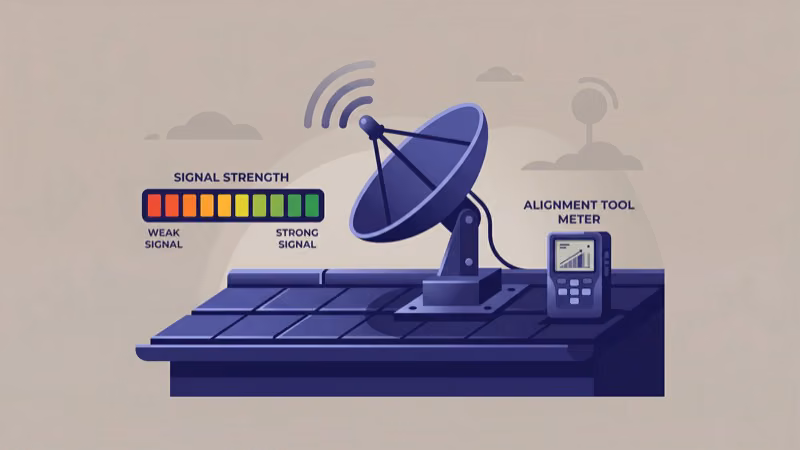 Satellite dish mounted on roof showing azimuth adjustment bolts and signal alignment angle
