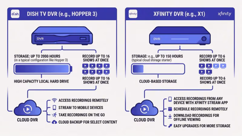 DISH Hopper 3 DVR compared to Xfinity X1 box showing recording capacity and tuner count