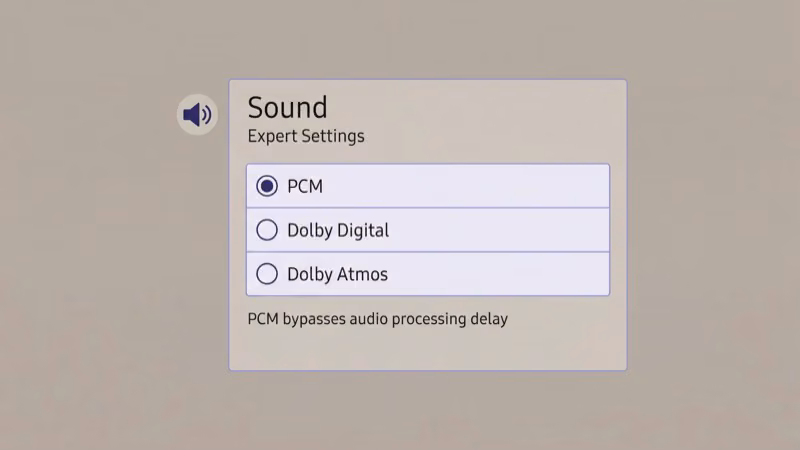 TV audio output settings showing PCM and Dolby Digital options
