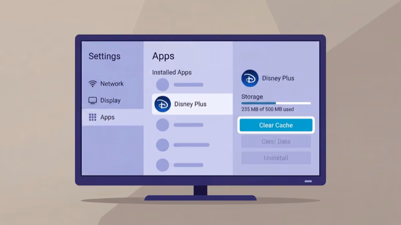 Smart TV settings showing Disney Plus app cache clearing option