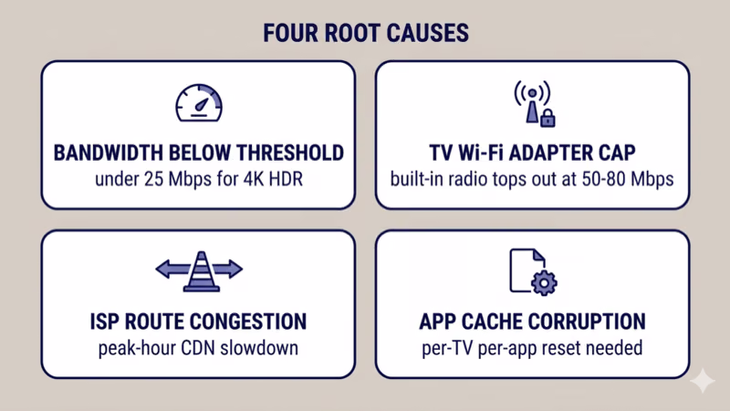 Four root causes of Disney+ buffering on smart TVs: bandwidth below threshold, TV Wi-Fi adapter cap, ISP route congestion, app cache corruption