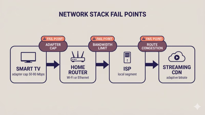Network stack flowchart from smart TV to home router to ISP to streaming CDN with fail-point callouts at adapter cap, bandwidth limit, and route congestion