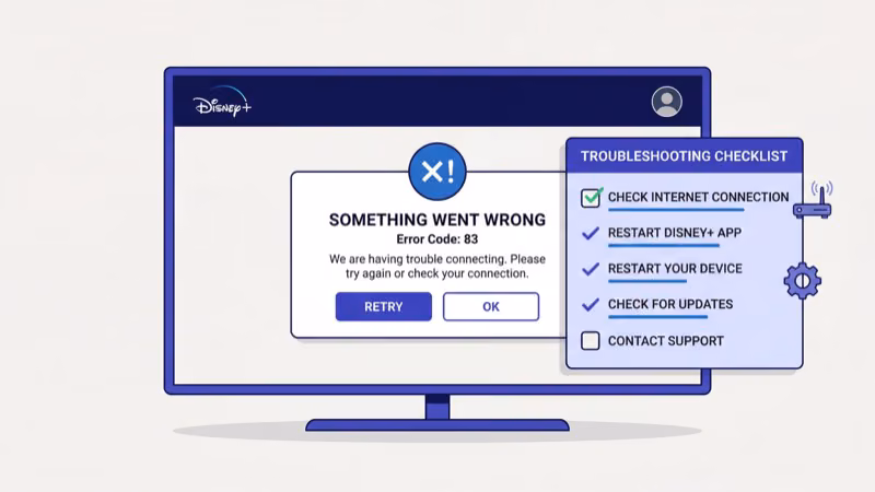 Disney Plus error code 83 displayed on Apple TV screen with troubleshooting prompt