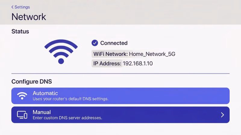 Apple TV network settings screen showing WiFi connection status and signal