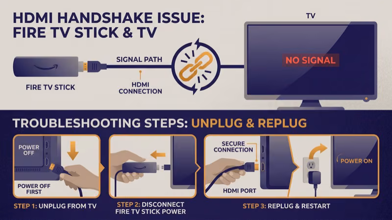 Fire TV Stick connected to TV HDMI port illustrating handshake troubleshooting steps