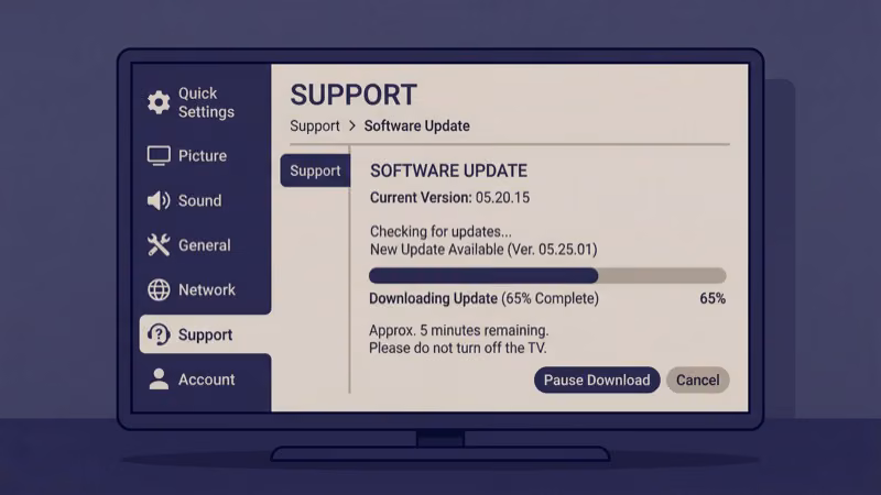 LG TV firmware update screen showing Settings About This TV Check for Updates