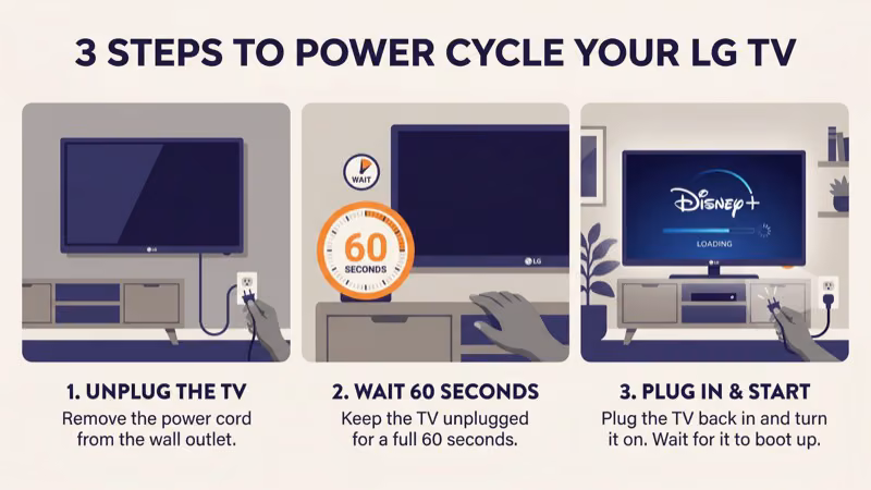 LG TV power cycle steps showing unplugging and waiting 60 seconds