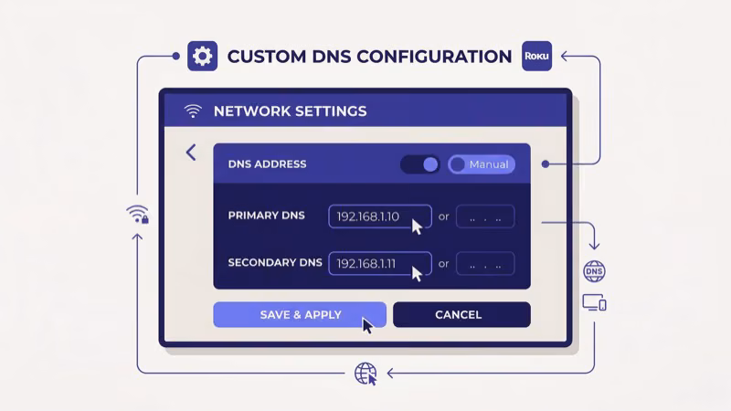 Roku network settings showing manual DNS configuration with Google DNS 8.8.8.8 entered