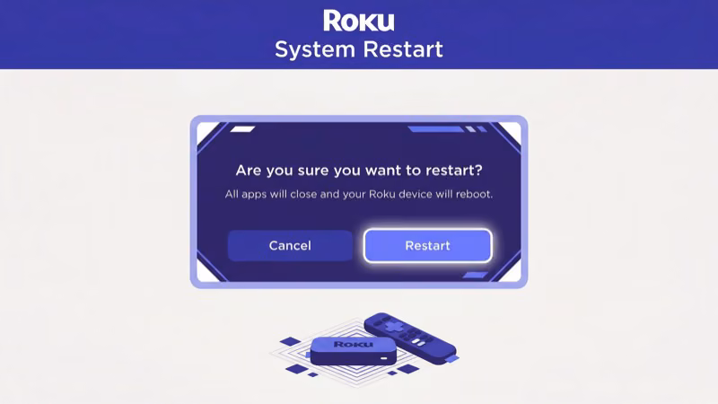 Roku remote and device with System Restart option highlighted in Settings menu