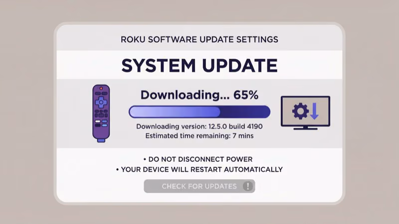 Roku System Update screen showing Check Now button for downloading the latest firmware