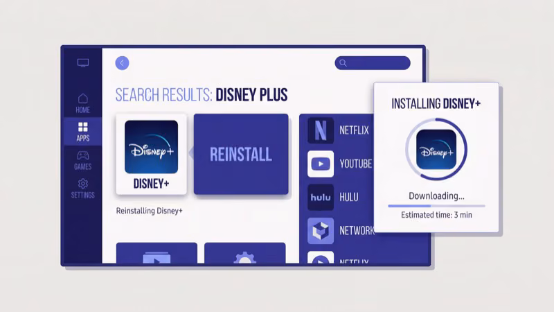 Samsung Smart TV app panel showing Disney Plus selected for deletion and reinstall
