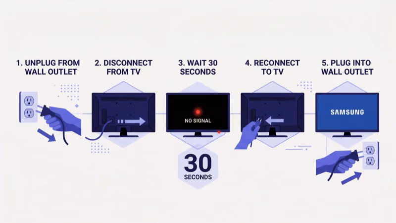 Samsung TV power cord unplugged from wall outlet during 60-second power cycle reset