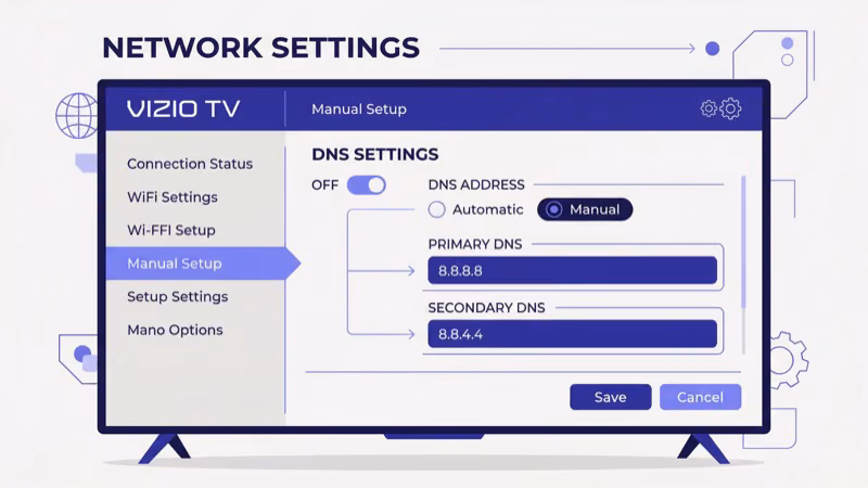 Vizio TV network settings menu showing manual DNS server configuration fields