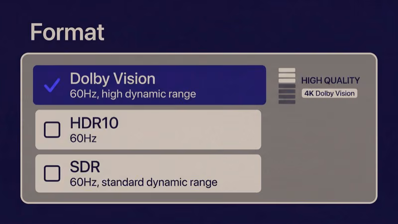 Apple TV settings screen with 4K Dolby Vision and Dolby Atmos options enabled for Disney Plus