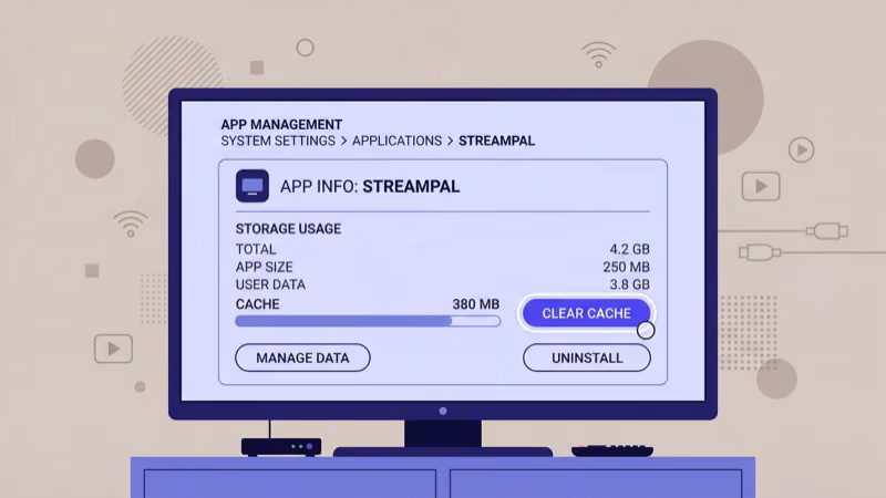 App management settings showing cache size and clear button