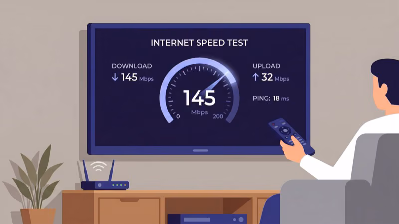 Internet speed test running on smart TV with download gauge