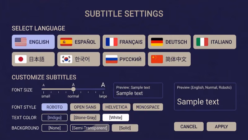 Disney Plus Audio and Subtitles panel showing multiple subtitle language options available for selection