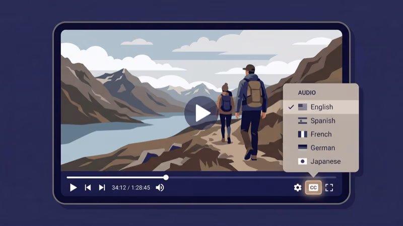 Disney Plus playback screen with speech bubble icon and Audio and Subtitles menu open