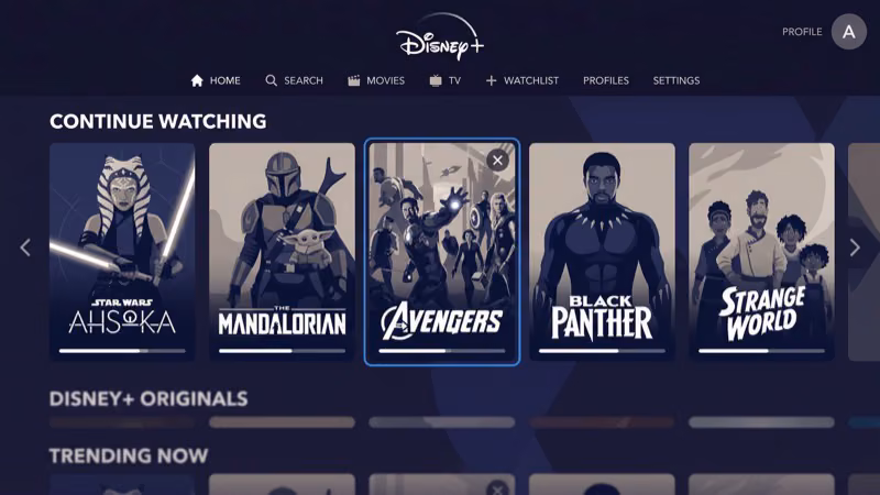 Disney Plus Continue Watching row on homepage showing how to hover and remove individual titles