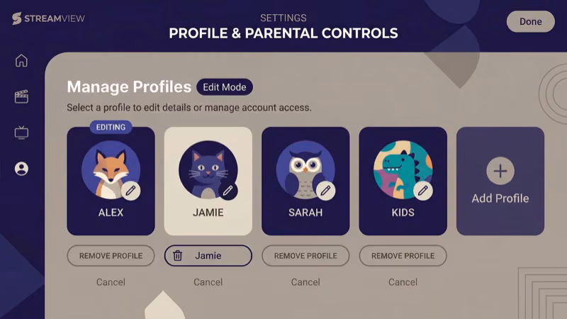 Disney Plus profile deletion screen showing Edit Profiles menu and Delete Profile confirmation button