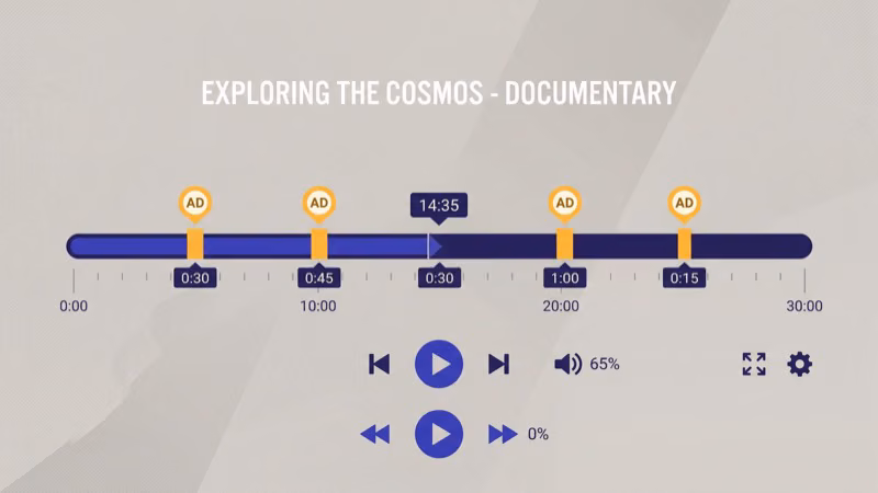 Tubi movie timeline showing ad break intervals every 15 to 20 minutes during playback