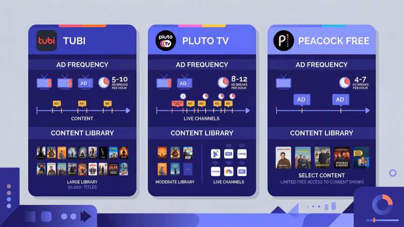 Comparison chart of Tubi Pluto TV Peacock and Hulu showing cost and ad frequency