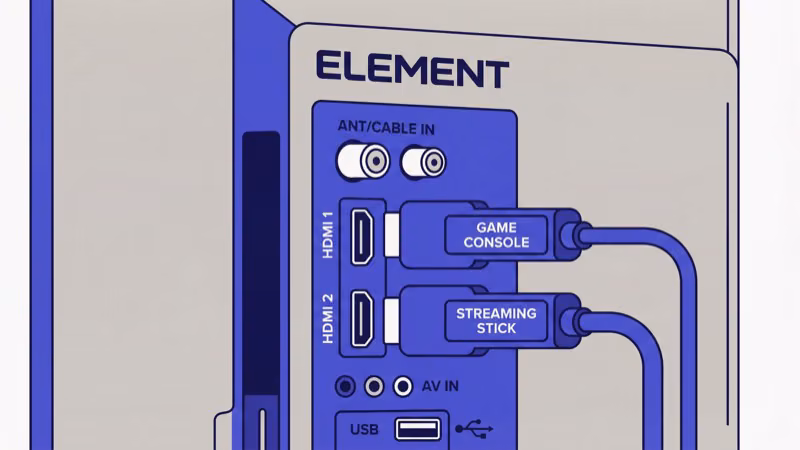 Checking HDMI cable connections and input source on Element TV back panel