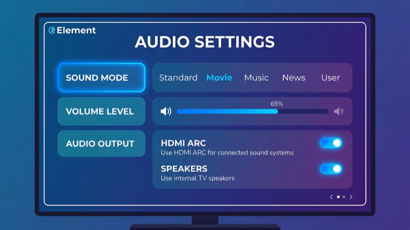 Element TV audio settings menu showing output and surround sound options