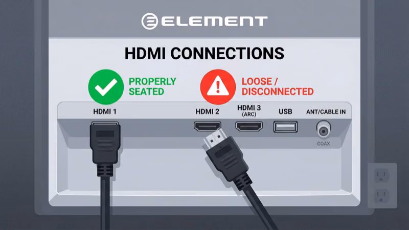 Inspecting and reseating an HDMI cable connection on an Element TV