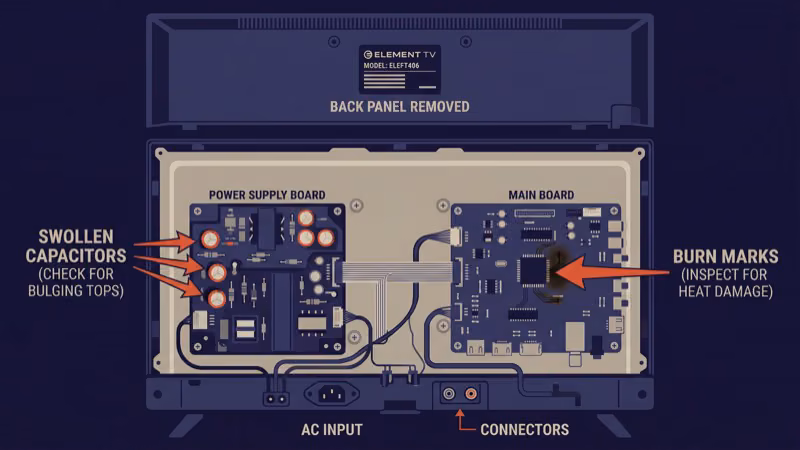 Element TV back panel open showing power supply board and capacitor inspection points